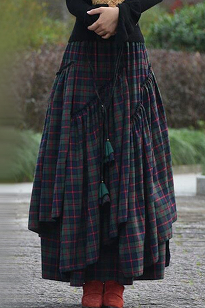 Vintage Plaid Patchwork Flounce Asymmetrical Full Print Bottoms