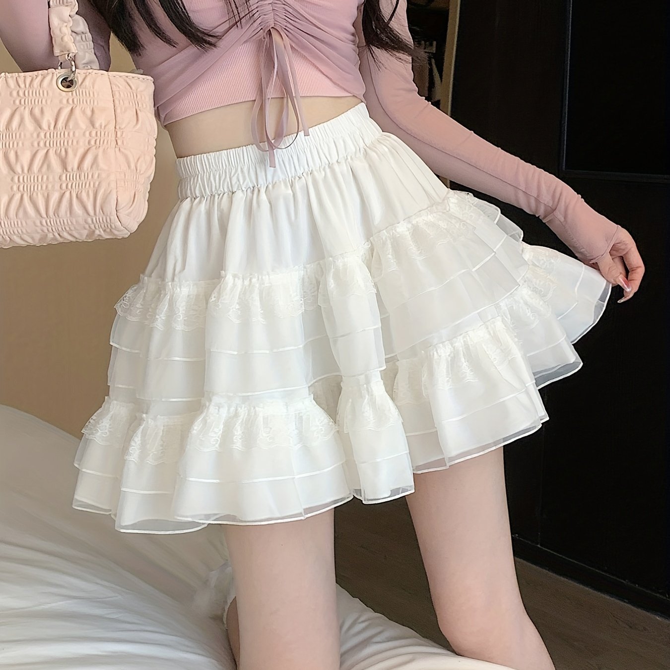 Kawaii Lace Decor Tiered Mini Skirt, Elastic Waist Skirt For Spring & Summer, Women's Clothing